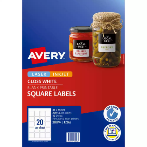 Picture of AVERY 980016 L7124 BLANK PRINTABLE LABELS SQUARE LASER/INKJET 20UP GLOSS WHITE PACK 10