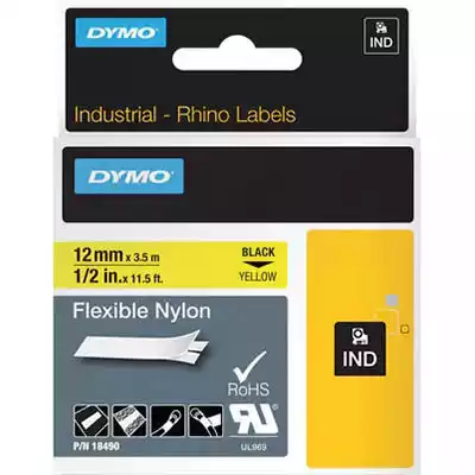 Picture of DYMO SD18490 RHINO INDUSTRIAL TAPE FLEXIBLE NYLON 12MM BLACK ON YELLOW