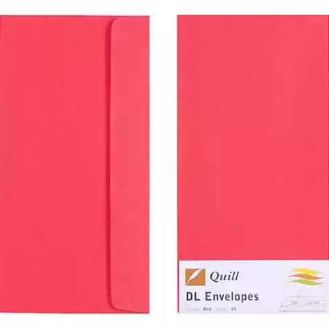 Picture of QUILL DL COLOURED ENVELOPES PLAINFACE STRIP SEAL 80GSM 110 X 220MM RED PACK 25