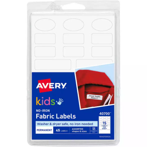 Picture of AVERY 40700 NO-IRON KIDS FABRIC LABEL ASSORTED SHAPES WHITE PACK 45