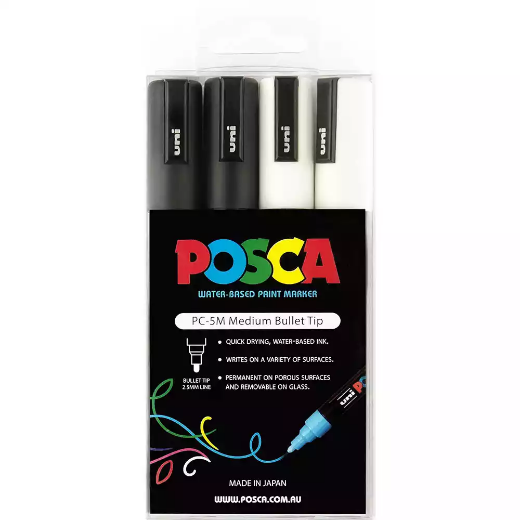 Picture of POSCA PC-5M PAINT MARKER BULLET MEDIUM 2.5MM BLACK / WHITE PACK 4