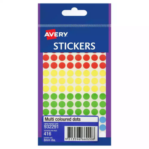 Picture of AVERY 932291 MULTI-PURPOSE STICKERS CIRCLE 8MM ASSORTED PACK 416