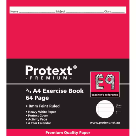 Picture of PROTEXT E9 PREMIUM EXERCISE BOOK 2/3 RULED 8M 70GSM 64 PAGE A4 ASSORTED