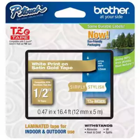 Picture of BROTHER TZE-MQ835 LABELLING TAPE 12MM X 5M MATT WHITE ON SATIN GOLD