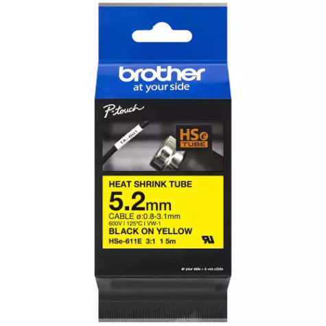 Picture of BROTHER HSE-611E HEAT SHRINK TUBE LABELLING TAPE 5.2MM BLACK ON YELLOW