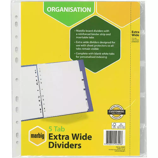 Picture of MARBIG DIVIDER INSERTABLE EXTRA WIDE MANILLA 5-TAB A4 WHITE