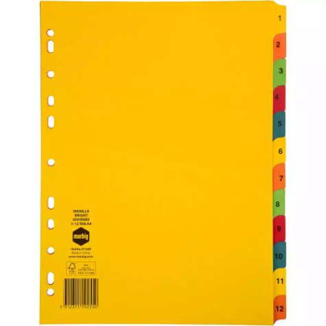 Picture of MARBIG DIVIDER MANILLA 12-TAB A4 BRIGHT ASSORTED