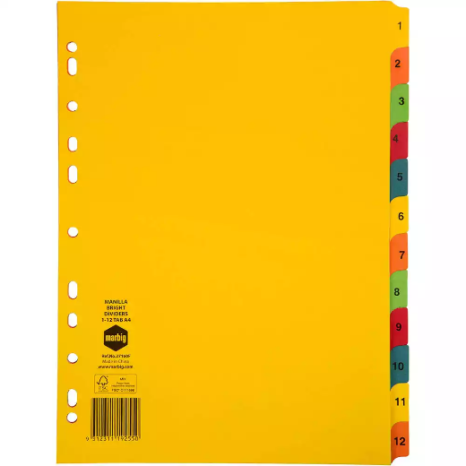 Picture of MARBIG DIVIDER MANILLA 12-TAB A4 BRIGHT ASSORTED