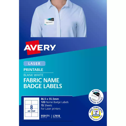 Picture of AVERY 959171 L7418 FABRIC NAME LABELS 8UP WHITE PACK 15