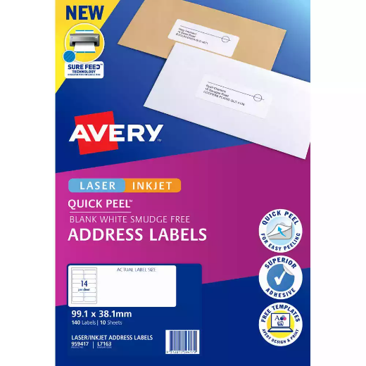 Picture of AVERY 959417 L7163 QUICK PEEL ADDRESS LABEL WITH SURE FEED LASER 14UP WHITE PACK 10