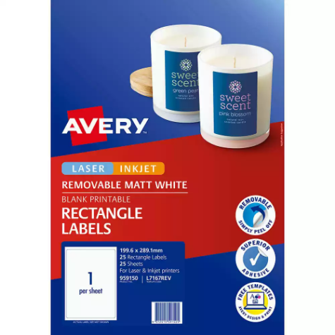 Picture of AVERY 959150 L7167REV REMOVABLE MULTI-PURPOSE LABEL LASER/INKJET 1UP MATT WHITE PACK 25