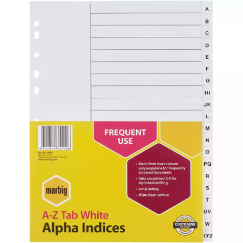 Picture of MARBIG INDEX DIVIDER PP A-Z TAB A4 WHITE