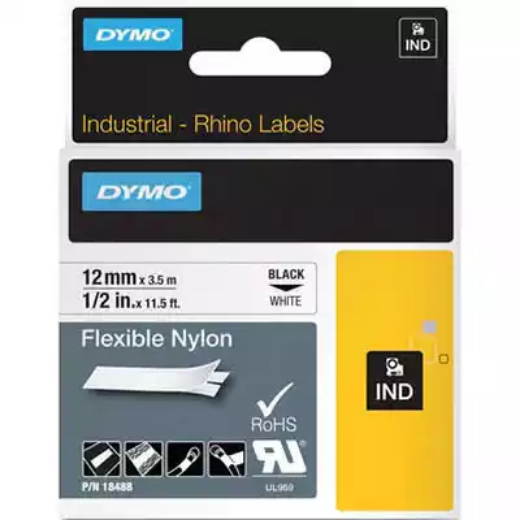 Picture of DYMO SD18488 RHINO INDUSTRIAL TAPE FLEXIBLE NYLON 12MM BLACK ON WHITE