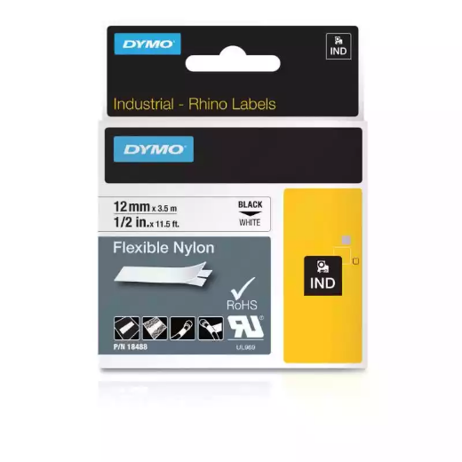 Picture of DYMO SD18488 RHINO INDUSTRIAL TAPE FLEXIBLE NYLON 12MM BLACK ON WHITE