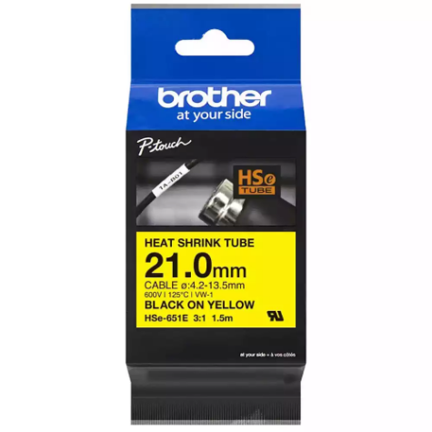 Picture of BROTHER HSE-651E HEAT SHRINK TUBE LABELLING TAPE 21MM BLACK ON YELLOW