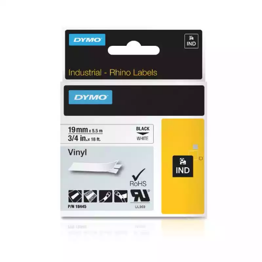 Picture of DYMO SD18445 RHINO INDUSTRIAL TAPE VINYL 19MM BLACK ON WHITE