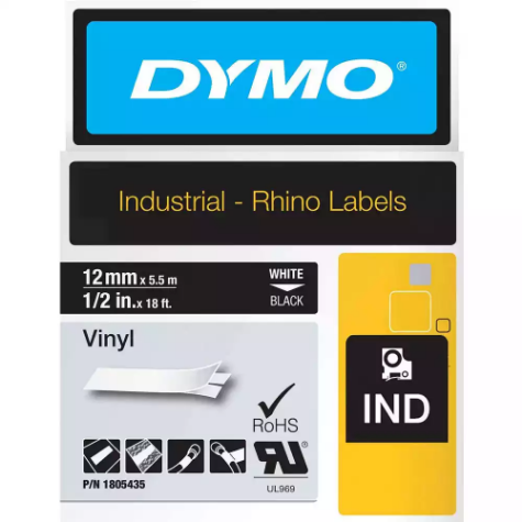 Picture of DYMO 1805435 RHINO INDUSTRIAL TAPE VINYL 12MM WHITE ON BLACK