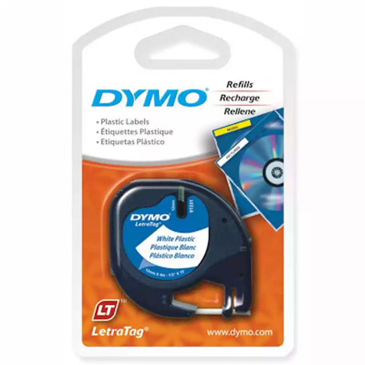 Picture of DYMO 91331 LETRATAG PLASTIC LABELLING TAPE 12MM X 4M BLACK ON PEARL WHITE