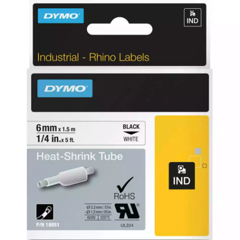 Picture of DYMO SD18051 RHINO INDUSTRIAL HEAT SHRINK TUBING 6MM BLACK ON WHITE