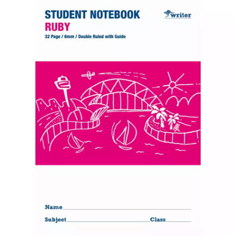 Picture of WRITER STUDENT NOTEBOOK 6MM DOUBLE RULED/GUIDE 32 PAGE 250 X 175MM RUBY