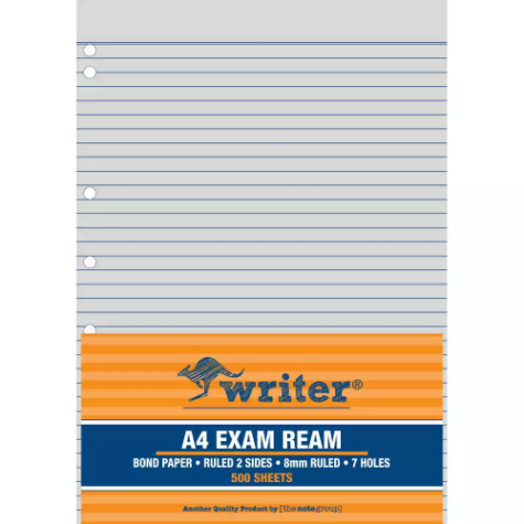 Picture of WRITER EXAM PAPER 60GSM 8MM RULED + MARGIN 7 HOLE PUNCH A4 WHITE 500 SHEETS