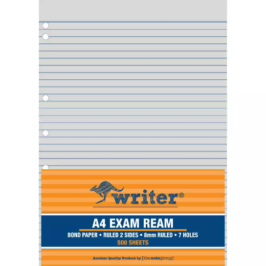 Picture of WRITER EXAM PAPER 60GSM 8MM RULED + MARGIN 7 HOLE PUNCH A4 WHITE 500 SHEETS