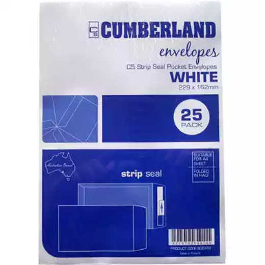 Picture of CUMBERLAND C5 ENVELOPES POCKET PLAINFACE STRIP SEAL 85GSM 162 X 229MM WHITE PACK 25