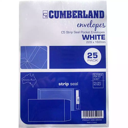 Picture of CUMBERLAND C5 ENVELOPES POCKET PLAINFACE STRIP SEAL 85GSM 162 X 229MM WHITE PACK 25