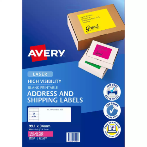 Picture of AVERY 35952 L7162FP HIGH VISIBILITY SHIPPING LABEL LASER 16UP FLUORO PINK PACK 25