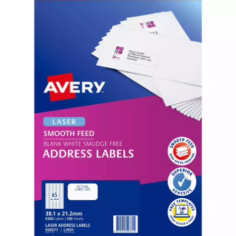 Picture of AVERY 959371 L7651 LASER LABEL SMOOTH FEED WHITE PACK 100