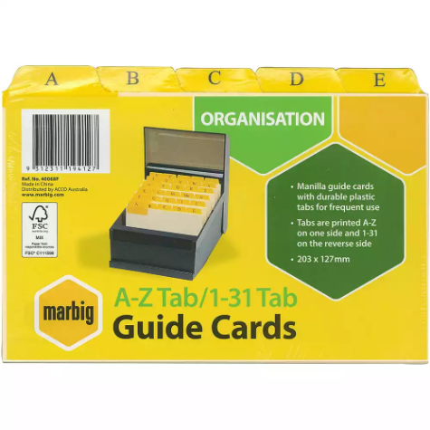 Picture of MARBIG GUIDE CARDS A-Z/1-31 TAB 203 X 127MM BUFF MANILLA PACK 30