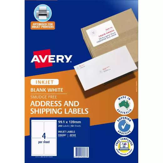 Picture of AVERY 936087 J8169 SHIPPING LABELS INKJET 4UP WHITE PACK 50