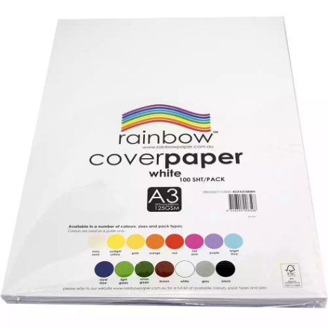 Picture of RAINBOW COVER PAPER 125GSM A3 WHITE PACK 100