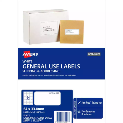 Picture of AVERY 938201 L7159 GENERAL USE LABEL LASER/INKJET 24UP WHITE PACK 100