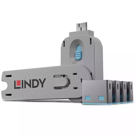 Picture of LINDY 40452 USB PORT BLOCKER WITH KEY PACK 4 BLUE