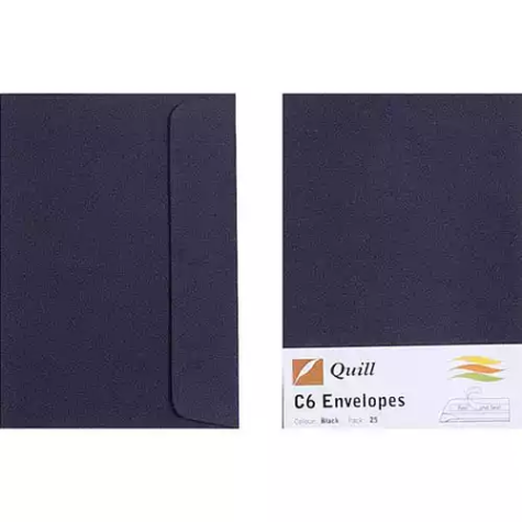 Picture of QUILL C6 COLOURED ENVELOPES PLAINFACE STRIP SEAL 80GSM 114 X 162MM BLACK PACK 25