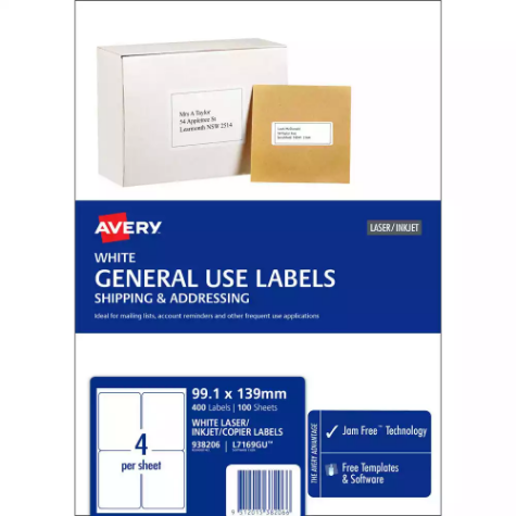 Picture of AVERY 938206 L7169 GENERAL USE LABEL LASER/INKJET 4UP WHITE PACK 100