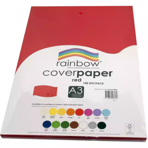 Picture of RAINBOW COVER PAPER 125GSM A3 RED PACK 100