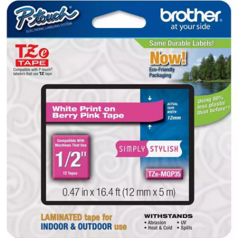 Picture of BROTHER TZE-MQP35 LABELLING TAPE 12MM WHITE ON BERRY PINK