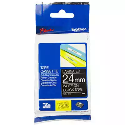 Picture of BROTHER TZE-355 LAMINATED LABELLING TAPE 24MM WHITE ON BLACK