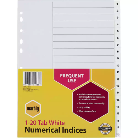 Picture of MARBIG INDEX DIVIDER NUMERICAL 1-20 TAB PP A4 WHITE