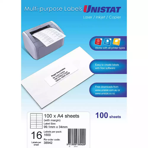 Picture of UNISTAT 38942 MULTI-PURPOSE LABEL 16UP 99 X 34MM WHITE PACK 100