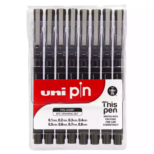 Picture of UNI-BALL 200 PIN FINELINER PEN ASSORTED TIPS BLACK PACK 8