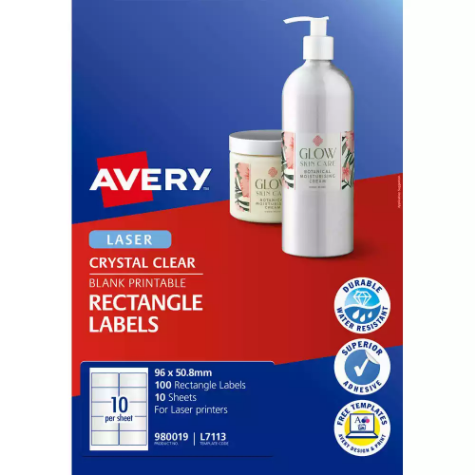 Picture of AVERY 980019 L7113 BLANK PRINTABLE LABELS RECTANGLE LASER 10UP CRYSTAL CLEAR PACK 10