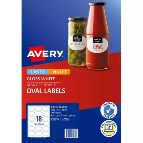 Picture of AVERY 980000 L7102 BLANK PRINTABLE LABELS OVAL LASER/INKJET 18UP GLOSSY WHITE PACK 10