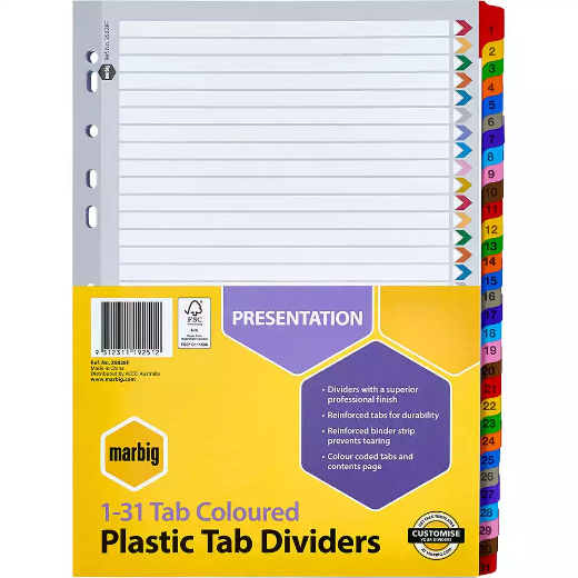 Picture of MARBIG INDEX DIVIDER MANILLA 1-31 TAB A4 ASSORTED