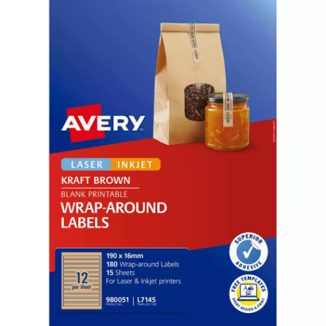 Picture of AVERY 980051 L7145 WRAP-AROUND LABELS LASER/INKJET 12UP KRAFT BROWN PACK 180