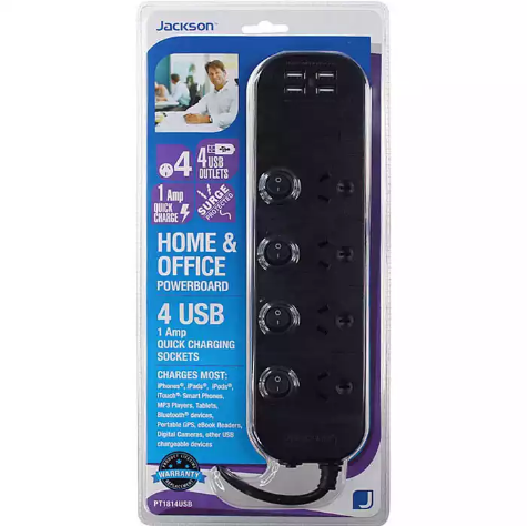 Picture of JACKSON POWERBOARD SURGE PROTECTED 4 OUTLET SWITCHED 4 USB OUTLETS 1M BLACK