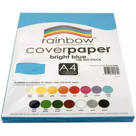 Picture of RAINBOW COVER PAPER 125GSM A4 BRIGHT BLUE PACK 100