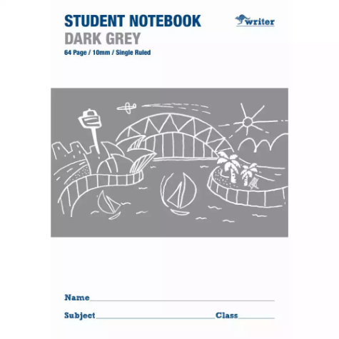 Picture of WRITER STUDENT NOTEBOOK 10MM SINGLE RULED 64 PAGE 250 X 175MM DARK GREY